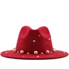 Printemps automne femmes large bord Faux laine feutre chapeau haut de forme perle décoration Jazz fête mariage Tan Fedora chapeau pour dames