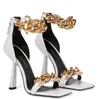 Elegant design medusi sandaler skor kvinnors gyllene kedja party bröllopsklänning ankel strappy high klackar blomma strass lady pumpar eu35-43 sko lopp med låda eu35-43