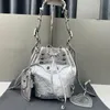 Motorcycle Bucket Bag Crossbody Bags Women Handbag Purse Genuine Leather Drawstring Closure Tote Bag Adjustable Strap Card Holder Pendant Heart Mirror