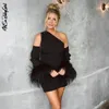 Basic Casual Dresses White Dress One Shoulder Neck Feathers Long Sleeve Sexy Backless Bodycon Mini 2023 Chic Party Black 231129