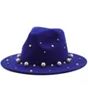Printemps automne femmes large bord Faux laine feutre chapeau haut de forme perle décoration Jazz fête mariage Tan Fedora chapeau pour dames