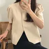 Kvinnors jackor Lossa puff kort ärm beskuren Cardigan Casual All Match Jacket Topps Korean Chic Spring Retro O Neck Two Button Woman Woman