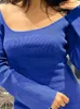 Vestidos casuais elegante azul gola quadrada vestido longo mulheres 2023 outono manga larga bainha maxi feminina moda escritório senhora roupas