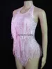 Stage Wear Sparkly Rhinones Frange Pink Body Donna Dance Outfit Nappa One-piece Stage Wear Cantante Sexy Leotardephemeralew