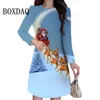 Casual Jurken Winter Kerstboom Jurk Dames Elegante 3D Kruk Print Oversized Lange Mouw Losse Feestkleding