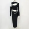 Casual Dresses Autumn Sparkly Crystal ChainCut Out Long Sleeve Bodycon Celebrity Evening 2023 Maxi Black Bandage Dress