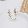 Diamond Set Pearl Letter Y Titanium steel earrings Charm designer for women stud luxury jewlery love hoop gifts woman girl gold silver gold wholesale not fade