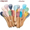 Cups Derees Uitrusting Tyry.Hu 2pcs Baby Bamboo Fork Silicone Houten Baby Voeding Lepel Toddlers Infant Voeding Accessoires Biologische BPA Gratis voedsel Grade P230314