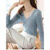 Women's Blouses 3D Jacquard Knitted Top For Slim Style V-neck Pullover Long Sleeve Underlay