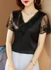 Damesblouses mode elegant satijnen kanten blouse zomer borduurwerk m-4xl korte mouwen tops stiksel dameskleding shirt 19128