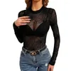 Magliette da donna Top in maglia nera Y2k Abbigliamento Donna Abiti punk gotici Sheer See Through Dolcevita Camicia a maniche lunghe T-shirt sexy Party