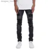 Jeans masculinos couro joelho motocicleta rasgado angustiado high street estiramento jeans magros l231129