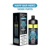 HAPP 12000 Puffs Puff 12000 12k E-cigarros descartáveis Bobina de malha 16ml Descartáveis Vapes Caneta HAPP BAR HERO 12000 2% 5% recarregável e cigarro