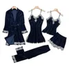 Sexy Pyjamas Sexy Lace Nightwear Pajamas Suit Intimate Lingerie Women Velour Sleep Set 5PCS Kimono Robe Velvet Soft Homewear Sleepwear 231128