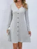 Vestidos casuais moda sólida com nervuras de malha mini vestido mulheres botão manga longa uma linha 2023 outono senhora streetwear robe