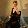 Kadınların Sweetwear Seksi Nightgown Uzatılmış Boynuz Nightdress Kadınlar Uzun Kollu Saten Şeffaf Ev Giyim İnce Dantel Yay Pijamaları