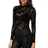 Magliette da donna Top in maglia nera Y2k Abbigliamento Donna Abiti punk gotici Sheer See Through Dolcevita Camicia a maniche lunghe T-shirt sexy Party