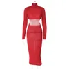 Casual Dresses Mock Neck Long Sleeve Bodycon Dress Cut Out Backless Sheath Midi Spring Autumn Chic And Elegant 2023 Woman Black Red