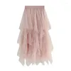 Skirts Spring Irregular Cakee Layered Long Mesh Skirt Candy Color Violet Mustard Tiered Tulle 10 Colors