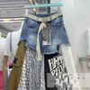 Saias Getspring Mulheres longas retalhos de jeans costura irregular na cintura alta lazer solto assimétrico plissado 230428