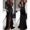 Etniska kläder svarta afrikanska klänningar för kvinnor 2024 Spring Autumn Mesh Sequin Slit Long Maxi Dress Robe Sexig Party Evening Cocktail