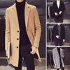 Men's Trench Coats Men Long Coat Stylish Mid Length Winter Overcoat Solid Color Warm Windproof Cardigan For Fall Season Single-breasted