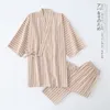 Pijama listrado de casal de roupas de dormir feminino 2pcs de pijama sexy kimono robe vestido de madela