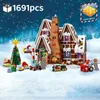 Julleksakstillbehör Santa Claus Gingerbread House landskap med lätta byggstenar Bricks MOC 10267 Winter Village Kid Assembly Gift 231128