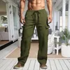 Pantaloni da uomo in cotone e lino cargo tinta unita elasticizzato in vita pantaloni larghi casual multitasche pantaloni sportivi da esterno