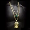 Pendant Necklaces Hip Hop Golden Crowned Jesus Head Iced Out Square Gem Crystal Necklace Set Cuban Chain Drop Delivery Jewelry Pendan Dhwb3