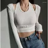 Women's T Shirts Syiwidii 2 Pieces Set Women Sexy Tops Kintted Long Sleeve Crop Top Shirt Halter Woman Tshirts Black White Elastic Slim Tees