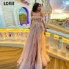 Party Dresses Lorie 2021 Champagne A Line Tulle Prom Dresses Sexy Off Shoulder Gold Lace Applique Slit Evening Gowns Long Party Dress W0428