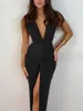 Casual Dresses Women Long Bodycon Dress Solid Color Deep V-ringen ärmlös High Slit Cocktail Summer Party Club Backless