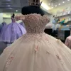 Светло-розовое блестящее платье Quinceanera с открытыми плечами, бальное платье с аппликацией из бисера, кружевной корсет с 3D цветами, Vestidos De 15 Anos