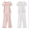 Pyjamas 2 couleurs été enfant fille Lolita coton dentelle pyjama ensemble. Tout-petit bébé à manches courtes pyjamas ensemble vêtements de nuit mignons. Vêtements pour enfants 231124