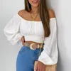 Women's Blouses European And American Short Style Tops Women's Long Lantern Sleeve Slash Neck Sexy Midriff-baring Lace-up Shirts SY2532