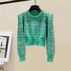 Maglioni da donna Maglione verde a righe da donna con diamanti Cashmere Primavera Autunno Pullover lavorato a maglia corto Maglioni di lana femminile di lusso Morbido francese