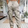 Pantaloni da uomo in cotone e lino cargo tinta unita elasticizzato in vita pantaloni larghi casual multitasche pantaloni sportivi da esterno