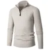 Men's long sleeved vertical striped half high neck zippered back knit sweater 1v