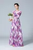 Kvinnors klänning o nacke långa ärmar ruched blommor tryckt high street designer maxi vestioder
