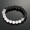 Strand Nickel Free Natural Black Agate Lava Alabaster Round Pärlor Rostfritt stål Square Armband för modemän