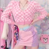 Damen Strick süße süße rosa Mohair Tops Y2k Herbst Crop Cardigan Nerz Pullover Langarm lose V-Ausschnitt Strickjacken weiblich lässig Mode