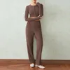 Pantalon deux pièces pour femmes, couleur unie, printemps automne, tenues streetwear décontractées, crochet, manches longues, hauts courts élastiques, taille haute, ensemble ajusté 2 pièces