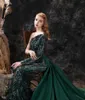 Robes de soirée arabe bal vert une épaule à manches longues avec satin sur jupe train robe de soirée paillettes paillettes Pageant