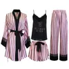 Womens Sleepwear Lace striped pajama set rhinestone womens satin kimono robe summer Vneck bathroom suspender and shorts 231129