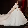 2023 shiny Lace Ball Gowns Wedding Dresses Luxury Dubai Arabic short Sleeves beaded crystals 3D Flowers Beading Wedding Dress corset Bridal Gowns designer gowns