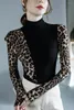 Stage Draag Latin Dance Tops Dames Ballroomkleding Leopard Hoge kraag Bodysuit Volwassen lange mouwen oefenen shirts DNV17083