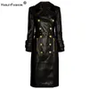 Women s Jackets Winter Luxury Design Double Breasted Black PU Leather Long Coats for Ladies Quality Street Women Trench with Belt 231129