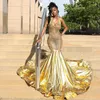 Sparkly Gold Crystal Prom Dresses Backless Rhinestone Tassel Mermaid Party Gowns Sop Train African Women Evening Dress