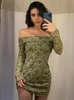 Casual Dresses Green Floral Printing Mini Dress For Women Clothing Off Shoulder Vestidos Elegantes Para Mujer Sexi Night Club Outfits